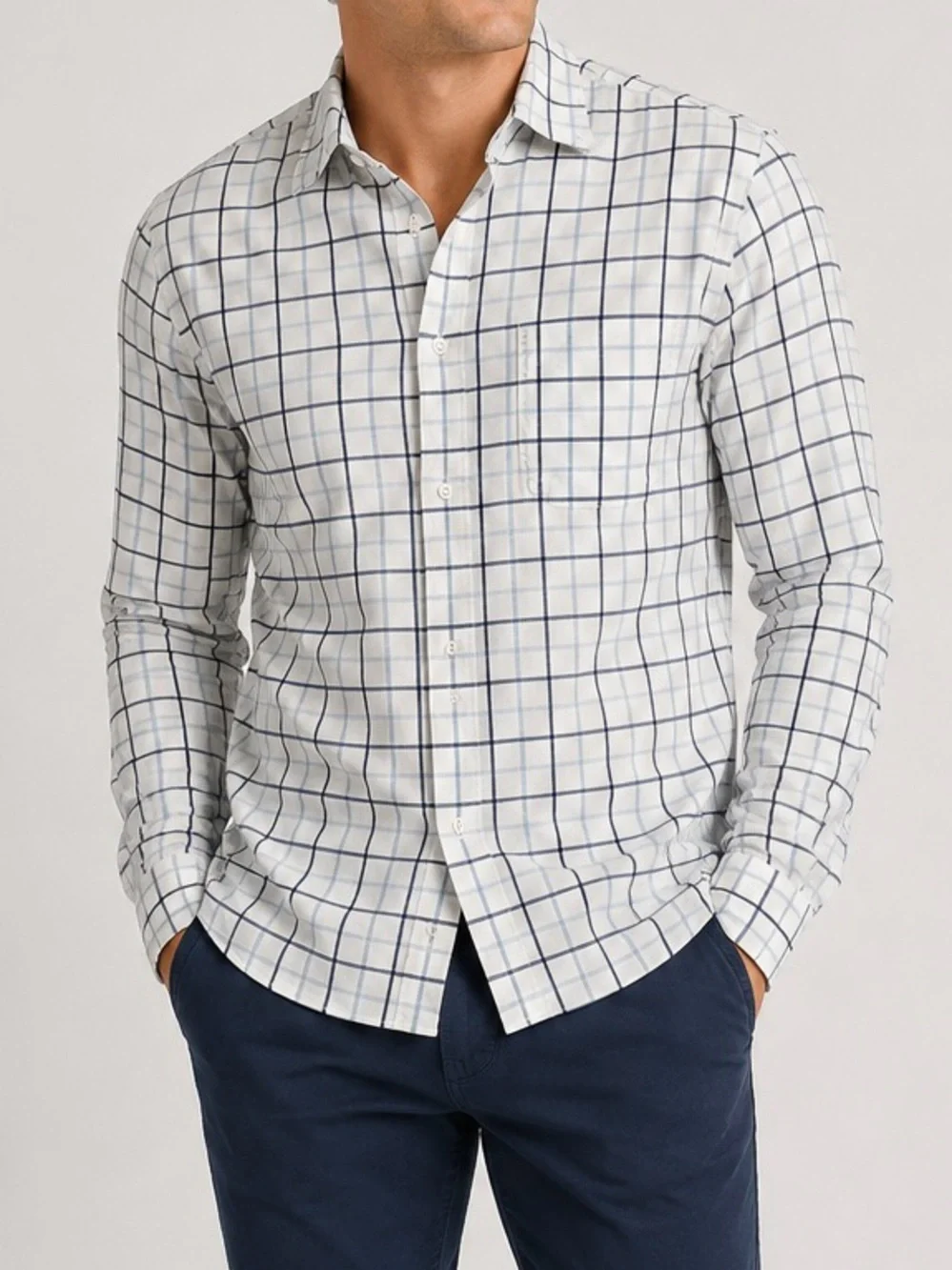 J. Crew White Shirt with Navy Windowpane Check - Men's Casual Button-Down